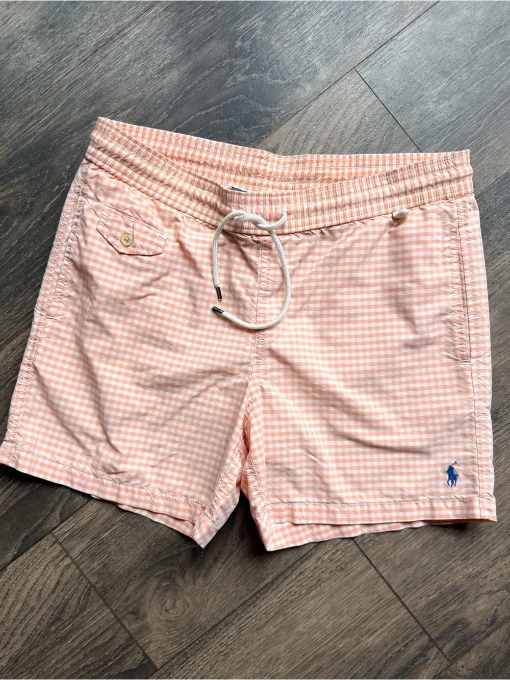 Polo Ralph Lauren Men’s Small Swim Trunks Peach Gingham Check Drawstring Shorts